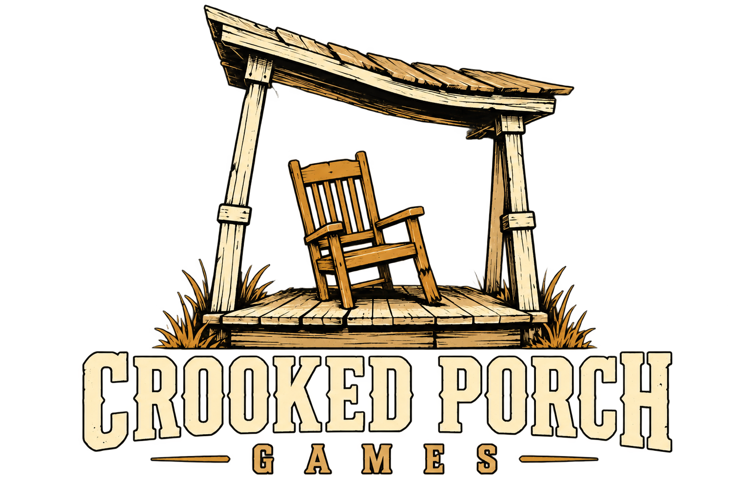 Crooked Porch Games: a broken chair beneath a crooked wooden porch